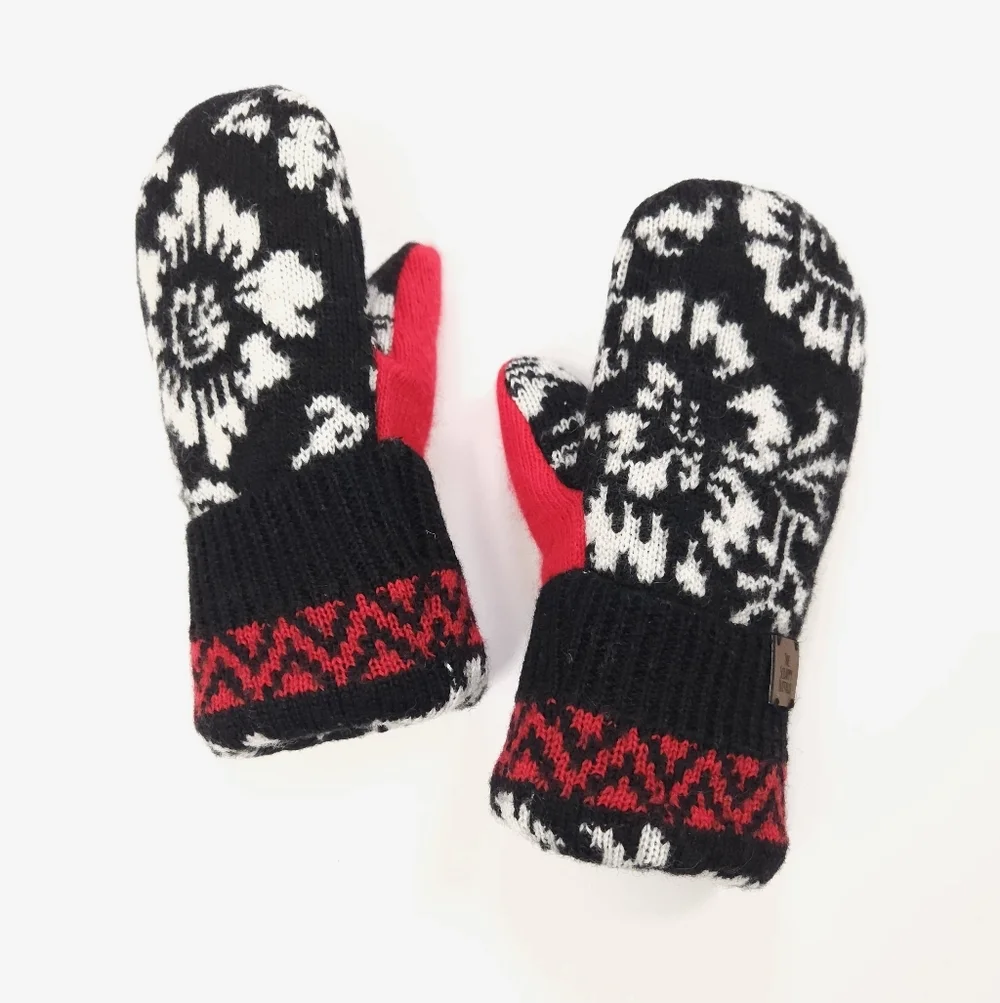 Upcycled Wool Sweater Mittens Black Red Floral Double Fleece Lined Adult M